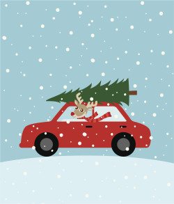 Vector illustration of a reindeer riding a car with christmas tree on the roof.